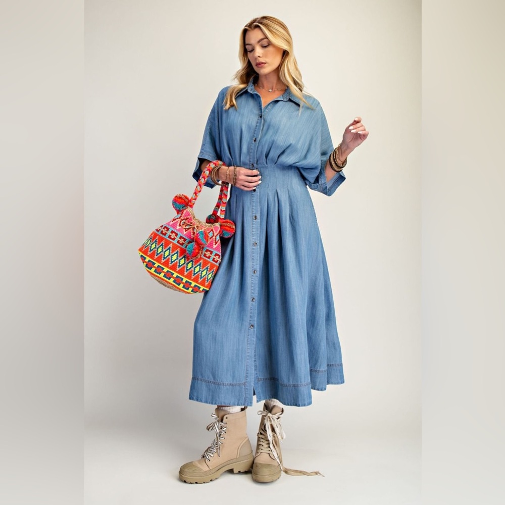 EASEL BUTTON DOWN WASHED DENIM SHIRT DRESS SML NWT COTTON MIDI Maxi boho summer